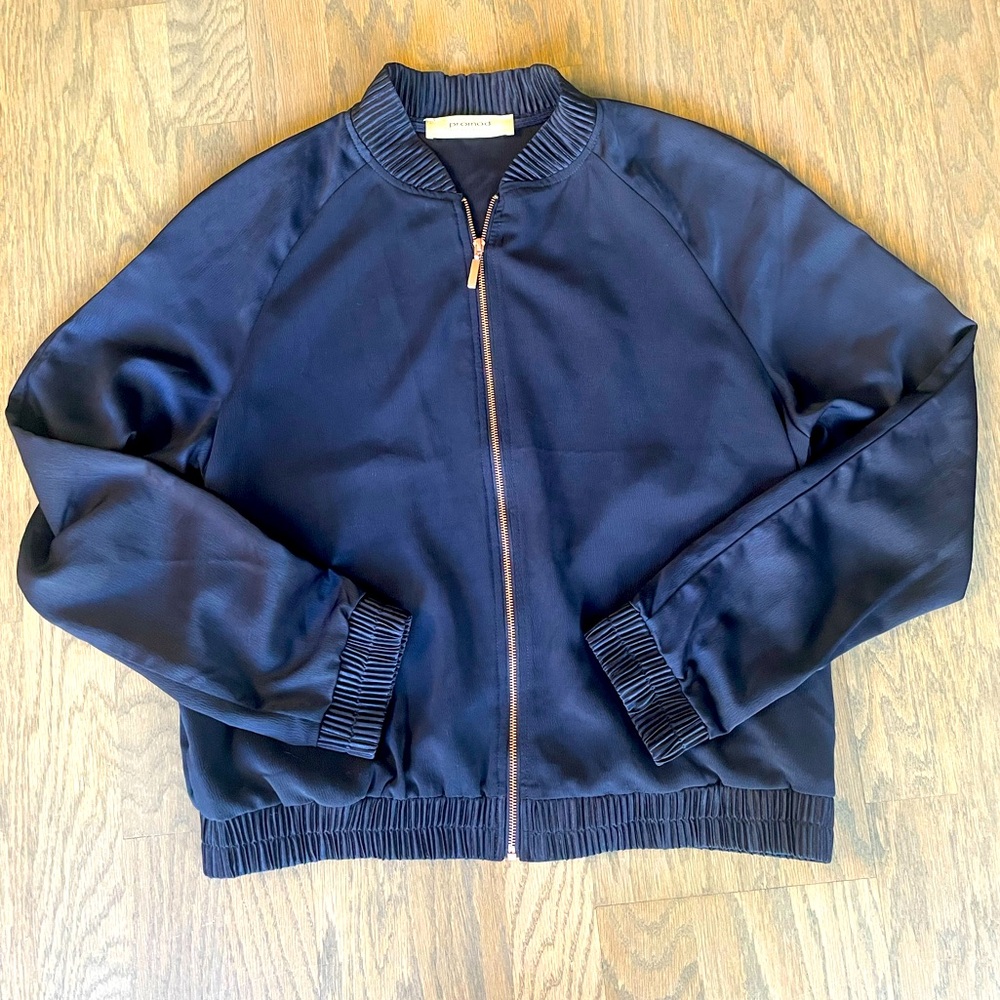 promod botique francaise vintage silk look bomber jacket navy blue gold zipper M